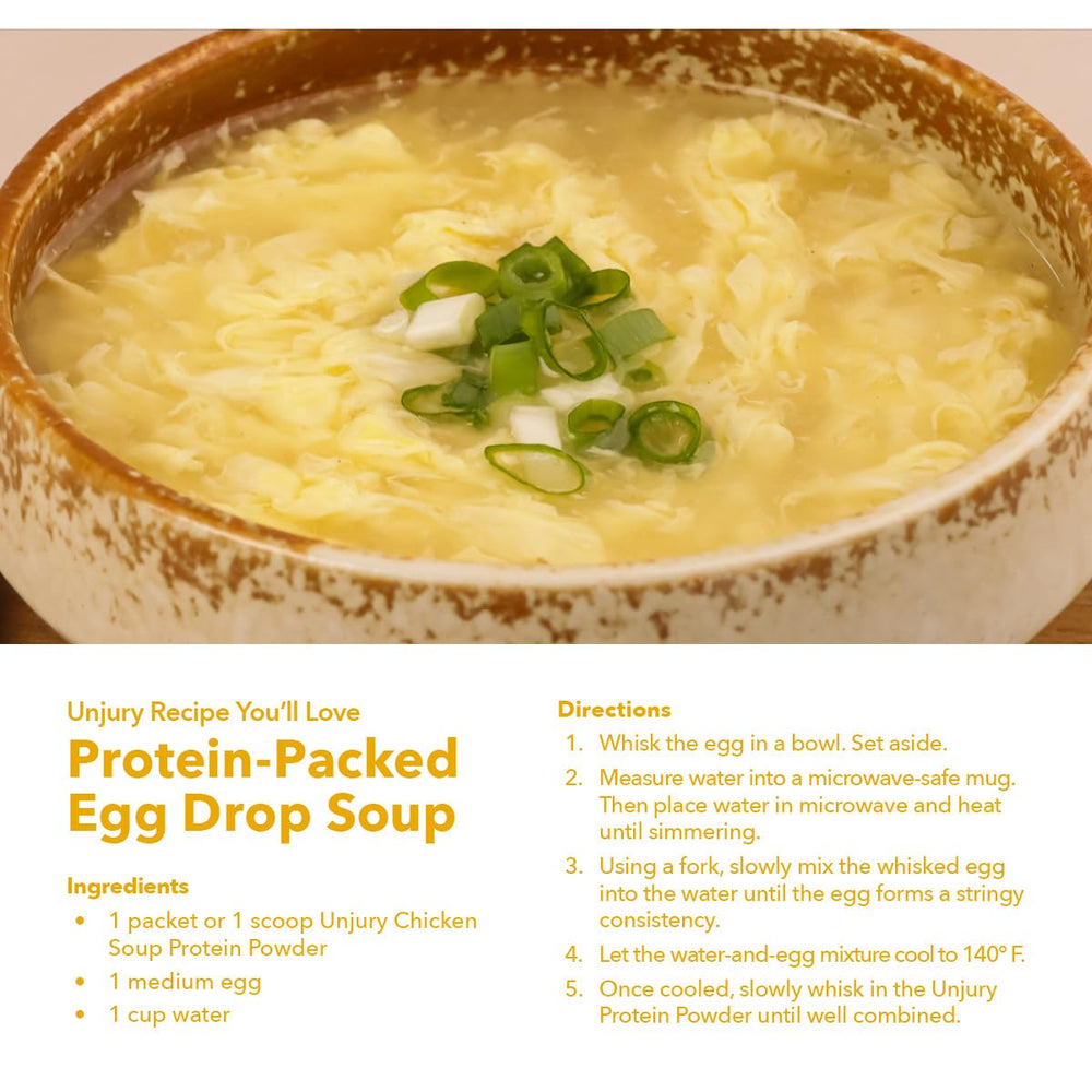 Unjury gluten-free label on chicken soup protein powder packaging