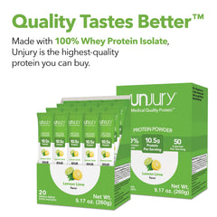 Unjury Lemon Lime nutrition panel close-up highlighting whey isolate and macros.