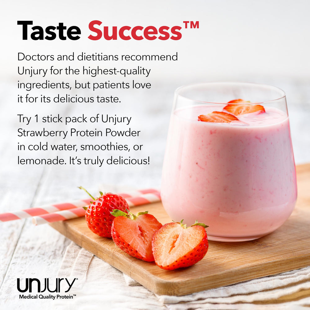 Unjury protein shake close-up emphasizes smooth texture and strawberry aroma