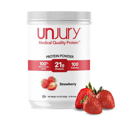 Unjury Strawberry whey protein powder container with 15 servings