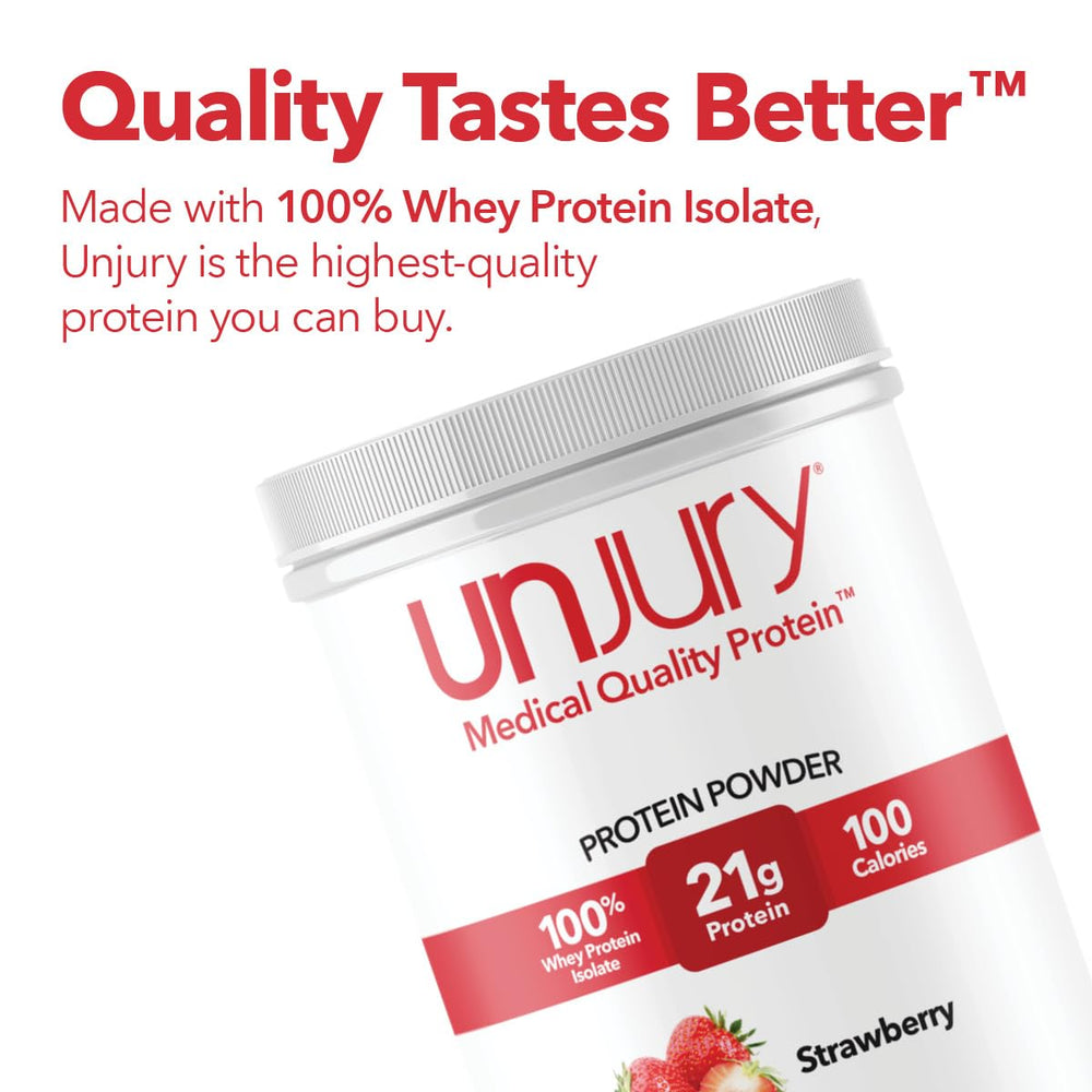 A glass with strawberry protein shake made from Unjury powder