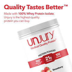 A glass with strawberry protein shake made from Unjury powder