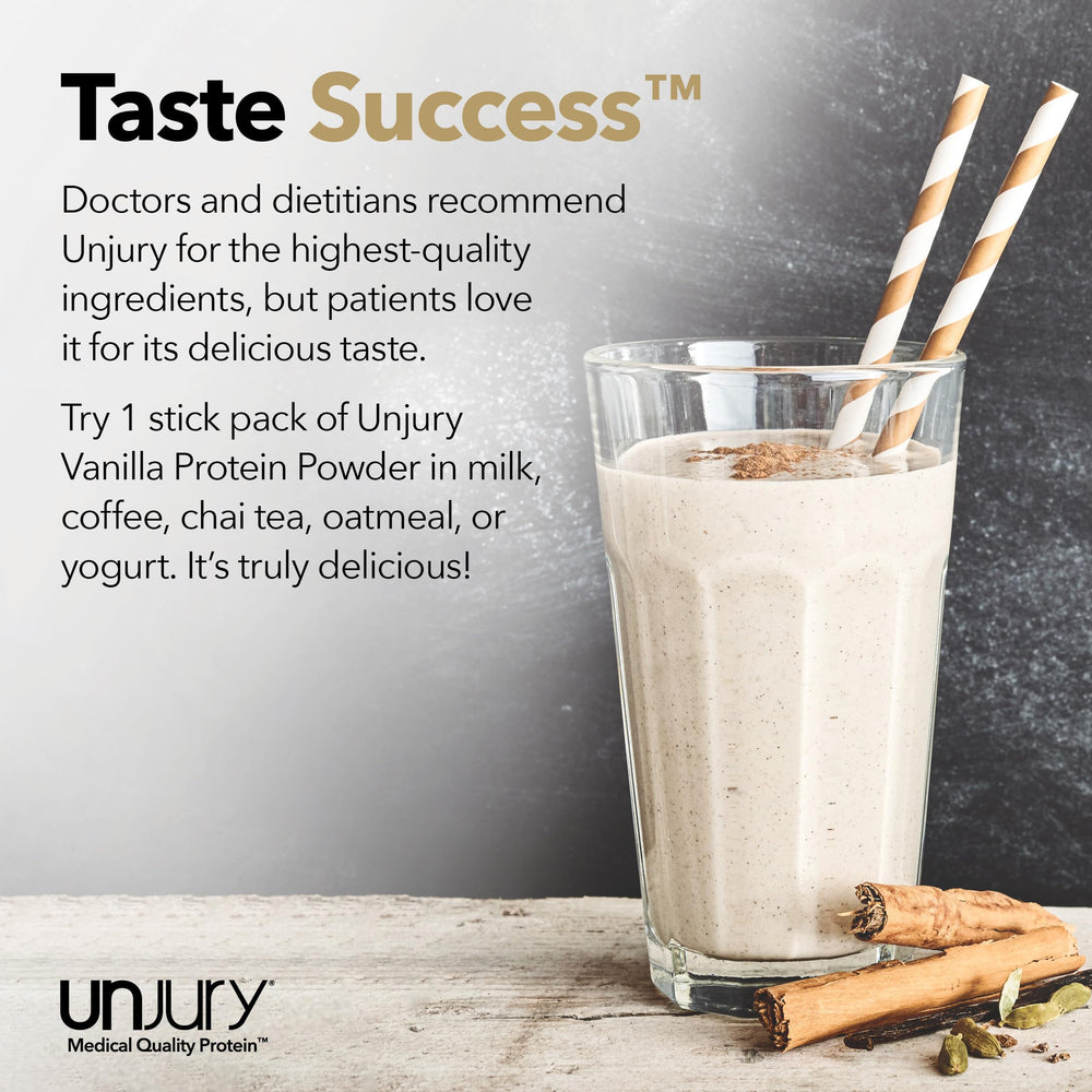 Unjury Vanilla container pouring into shaker for on-the-go protein.