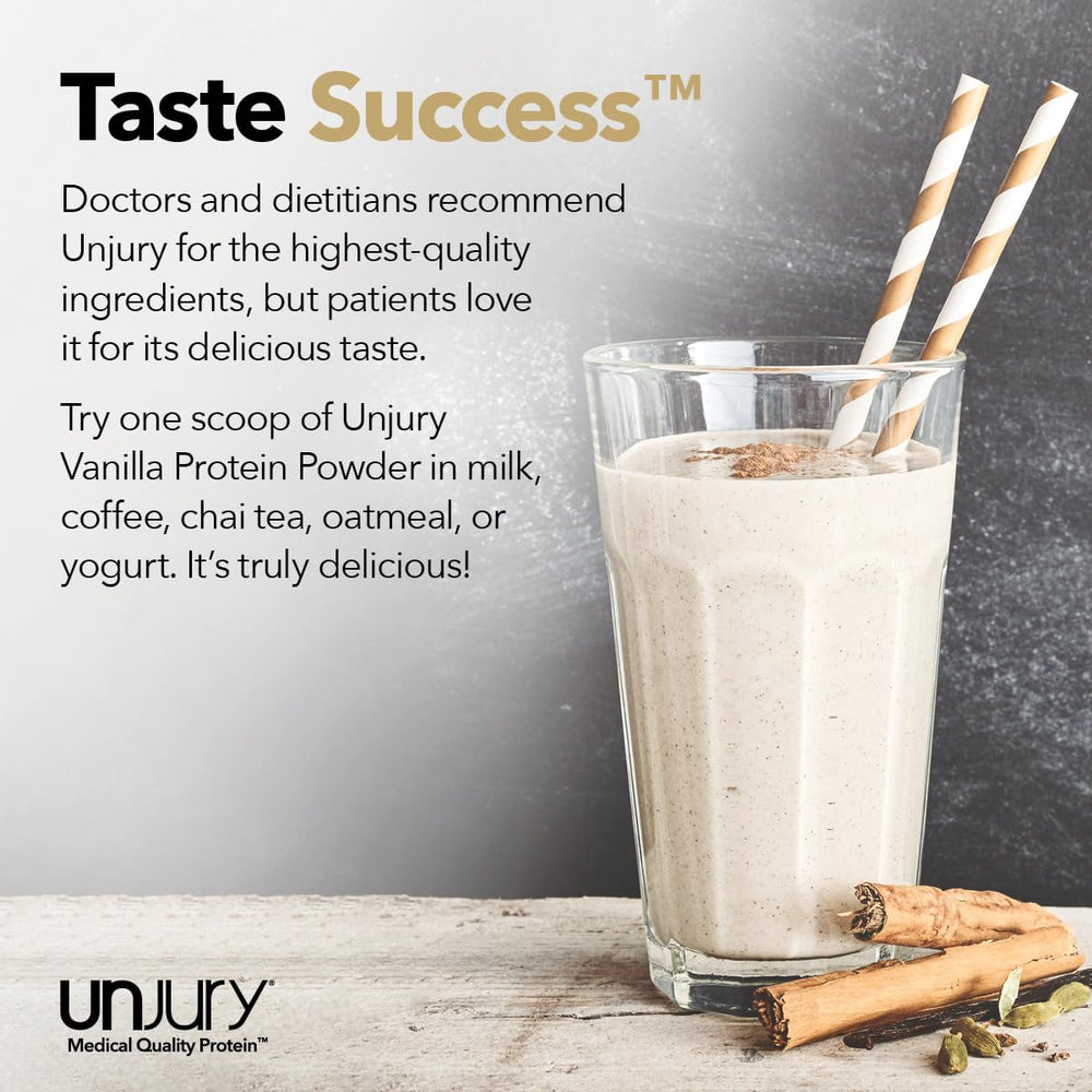 Unjury Vanilla protein powder in a bowl for baking ideas.
