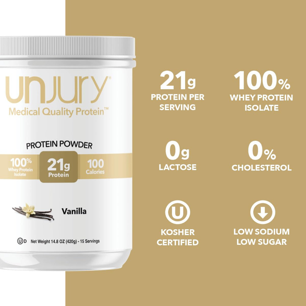 Unjury Vanilla protein shake in a mug with cream.
