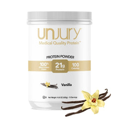 Unjury Vanilla whey isolate powder jar showing high protein quality.