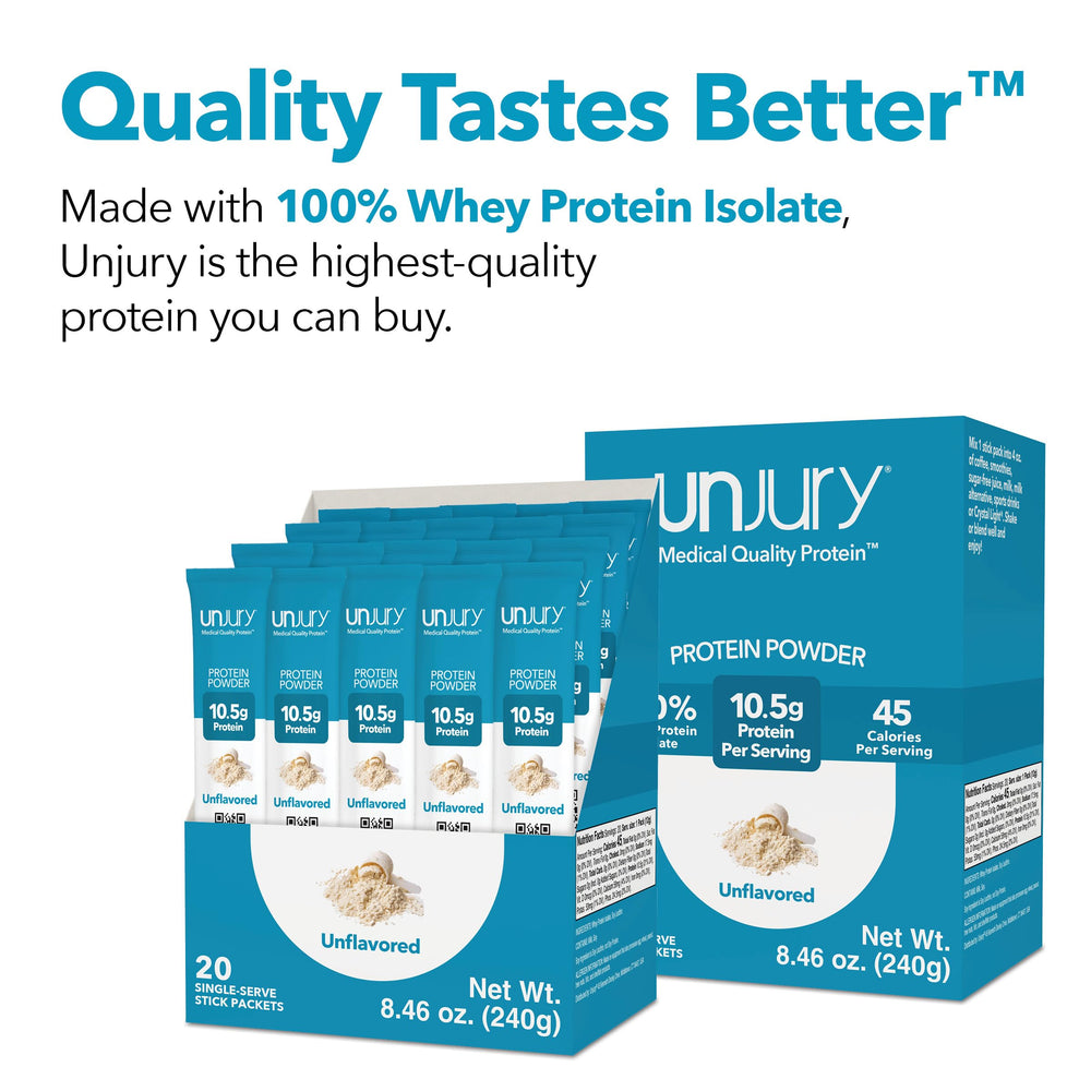 Unjury whey isolate powder being dispensed into a cup for mixing