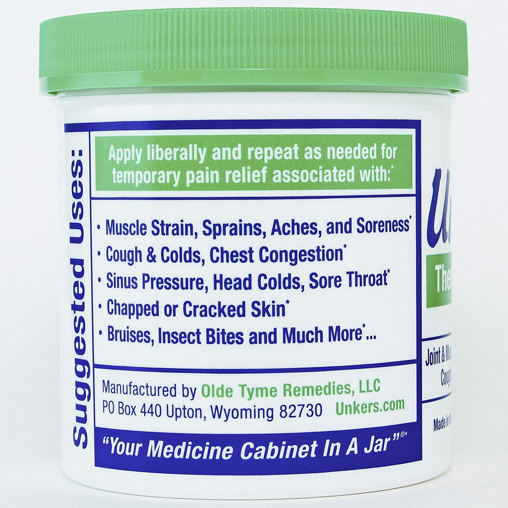 Unkers Therapeutic Salve being applied by hand for soothing muscle care.