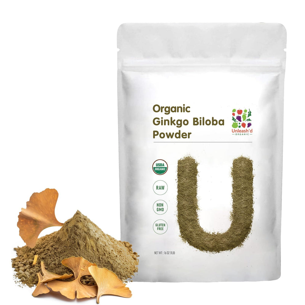 UNLEASH'D ORGANIC Ginkgo Biloba Powder bottle pour for convenient daily use