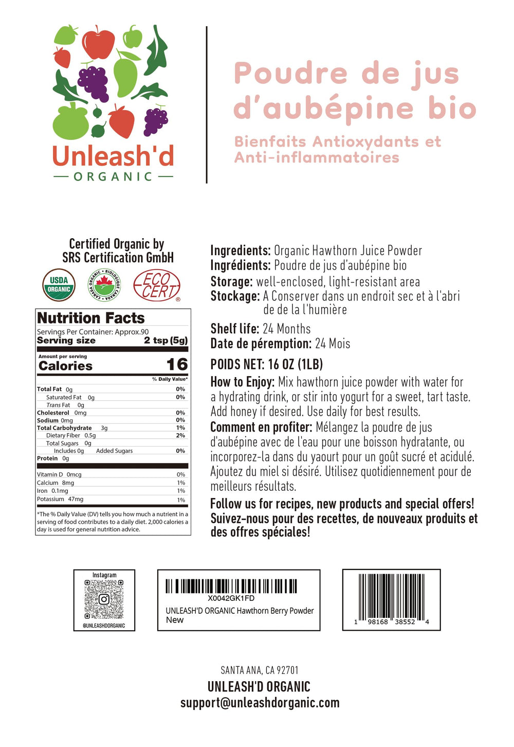 UNLEASH'D ORGANIC Hawthorn powder packaging closeup shows clean ingredients