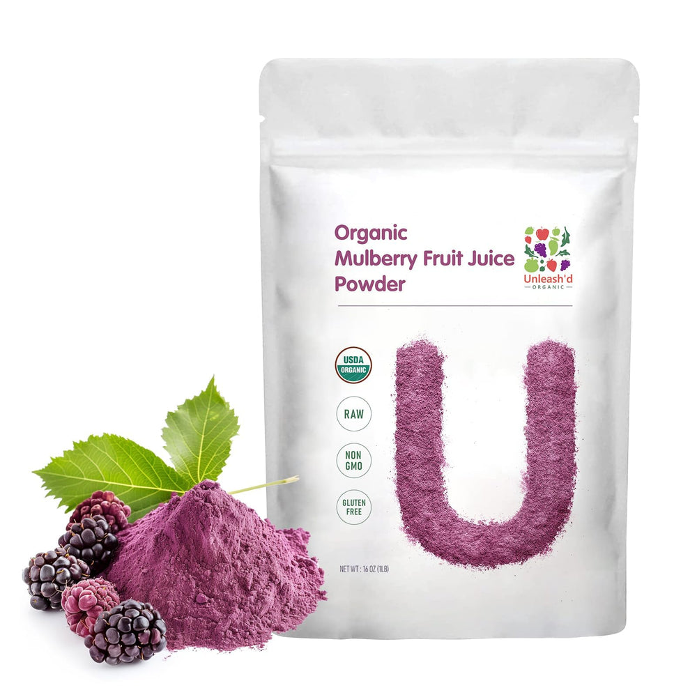 UNLEASH'D ORGANIC mulberry juice powder bottle shows pure, additive-free nutrition