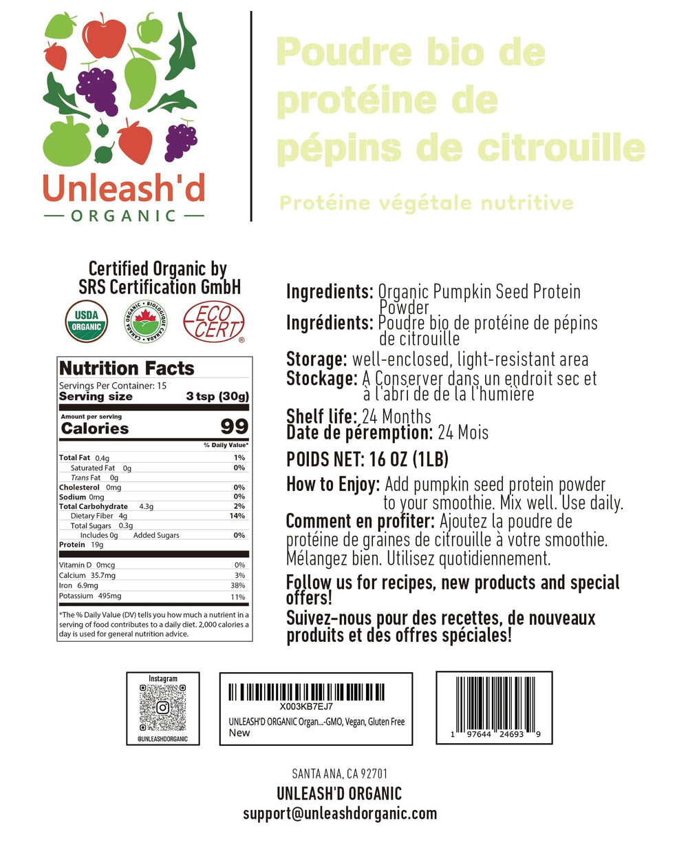 Unleash’d Organic pumpkin seed protein powder tub open with scoop for quick shakes.