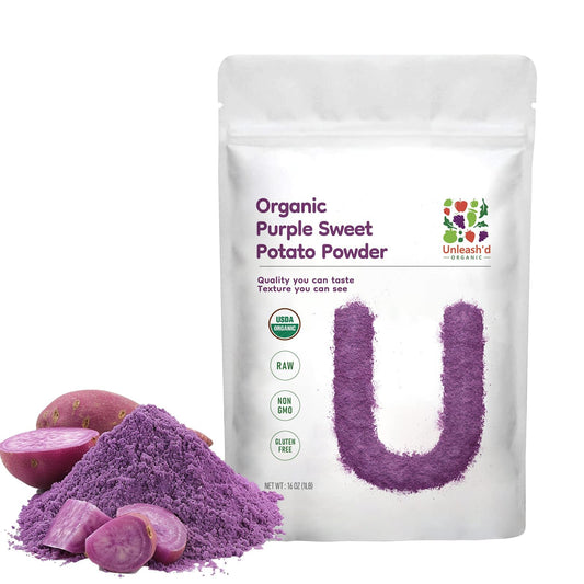 UNLEASH'D ORGANIC Purple Potato Powder 16oz bottle, ideal for smoothies and baking.