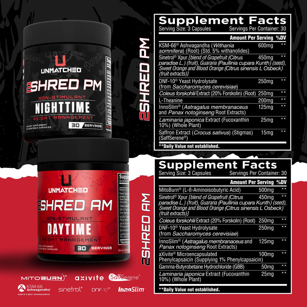 Unmatched 2Shred PM bottle on table promoting evening appetite control and recovery