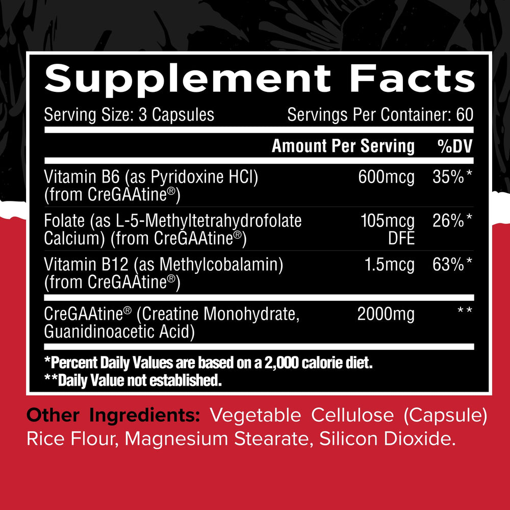 Unmatched CreGAAtine label closeup reveals creatine and GAA blend for performance
