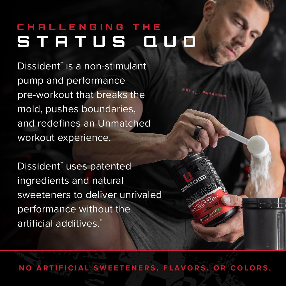 Unmatched Dissident tub with blood orange lime label emphasizing natural flavors and clean energy