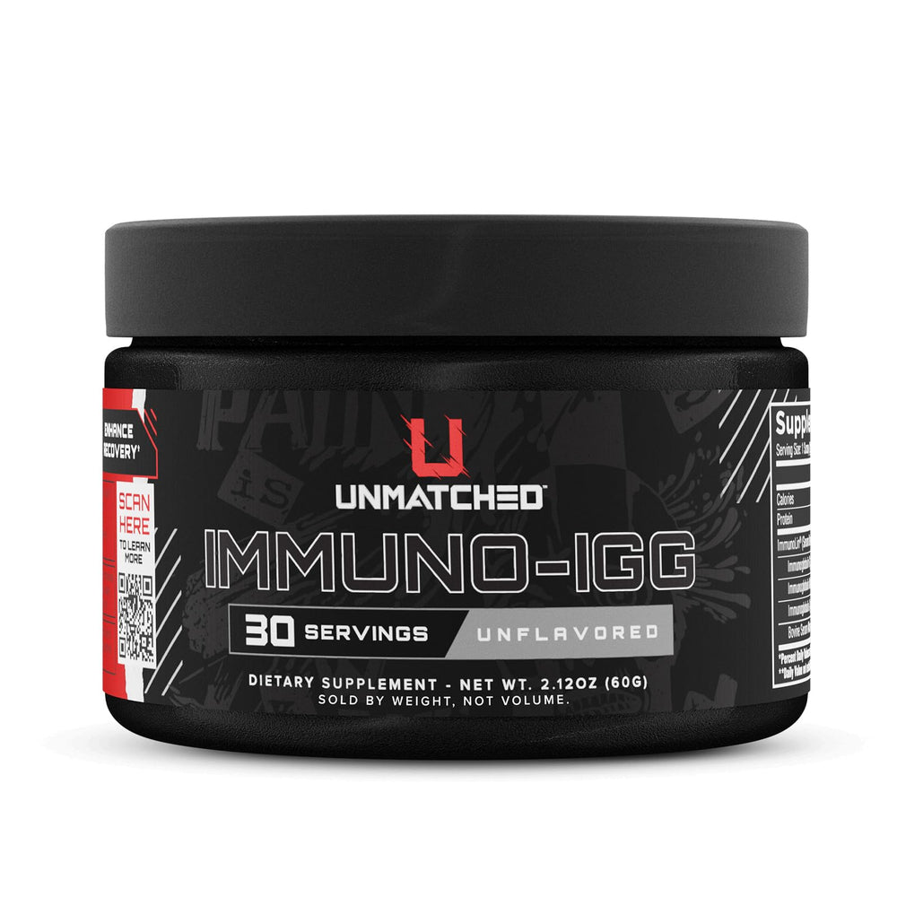 Unmatched Immuno-IGG colostrum powder bottle showing clean design and label for gut and immune support.