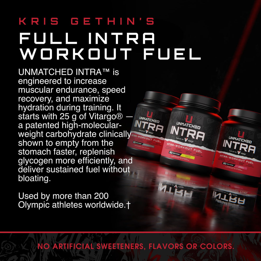 Unmatched Intra Workout Powder dissolving in water to illustrate fast mix.