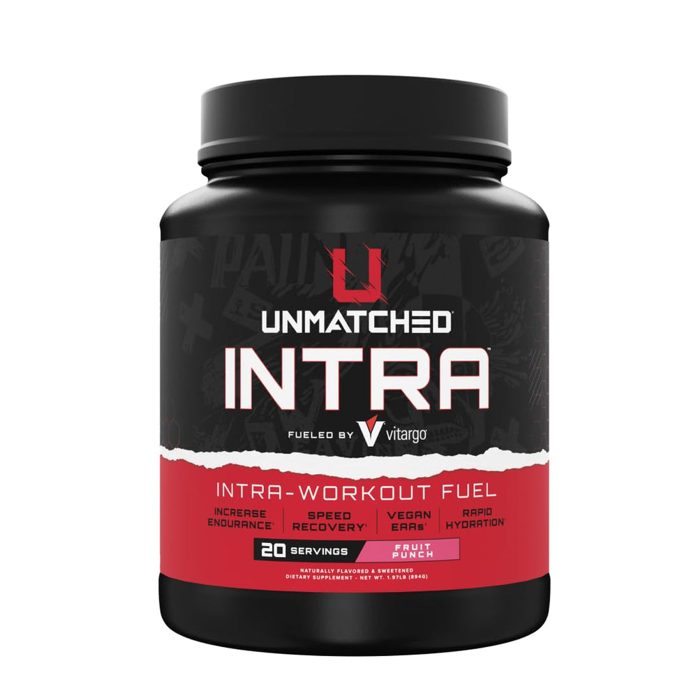 Unmatched Intra Workout Powder canister in Fruit Punch for hydration and endurance.