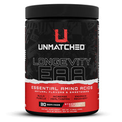 Unmatched Longevity EAA Strawberry Colada bottle with a clear label highlighting clean ingredients.