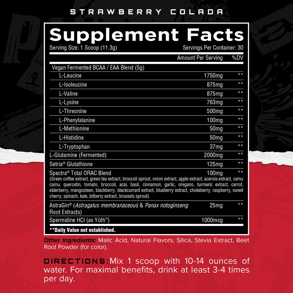 Unmatched Longevity EAA Strawberry Colada pour ready for post-workout mix.