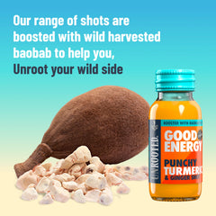 Close-up of the Unrooted label highlighting baobab and natural ingredients