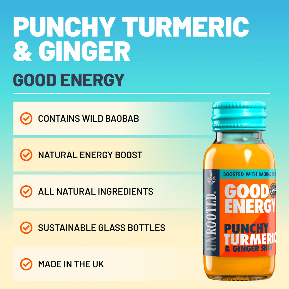 Unrooted Good Energy Shot 12-pack on display—eco-conscious packaging and impact.