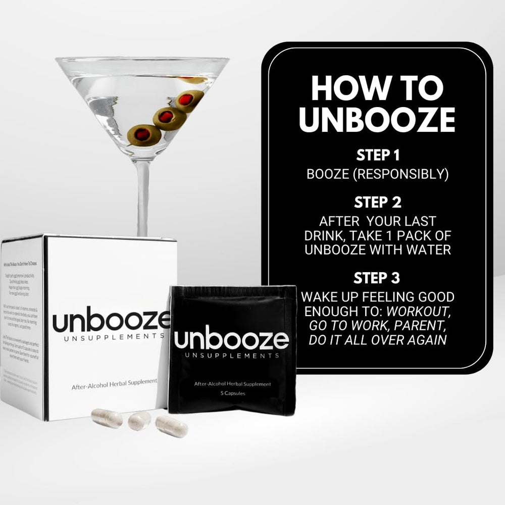 Unsupplements Unbooze ingredient illustration featuring vitamins and adaptogens.