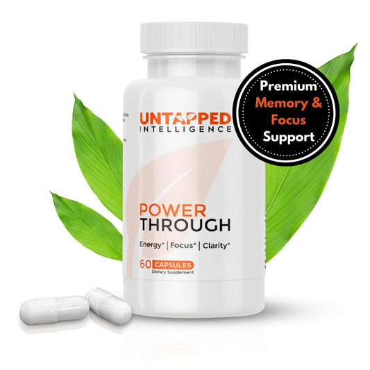 Untapped Intelligence Power Through bottle front for daily focus and clarity.