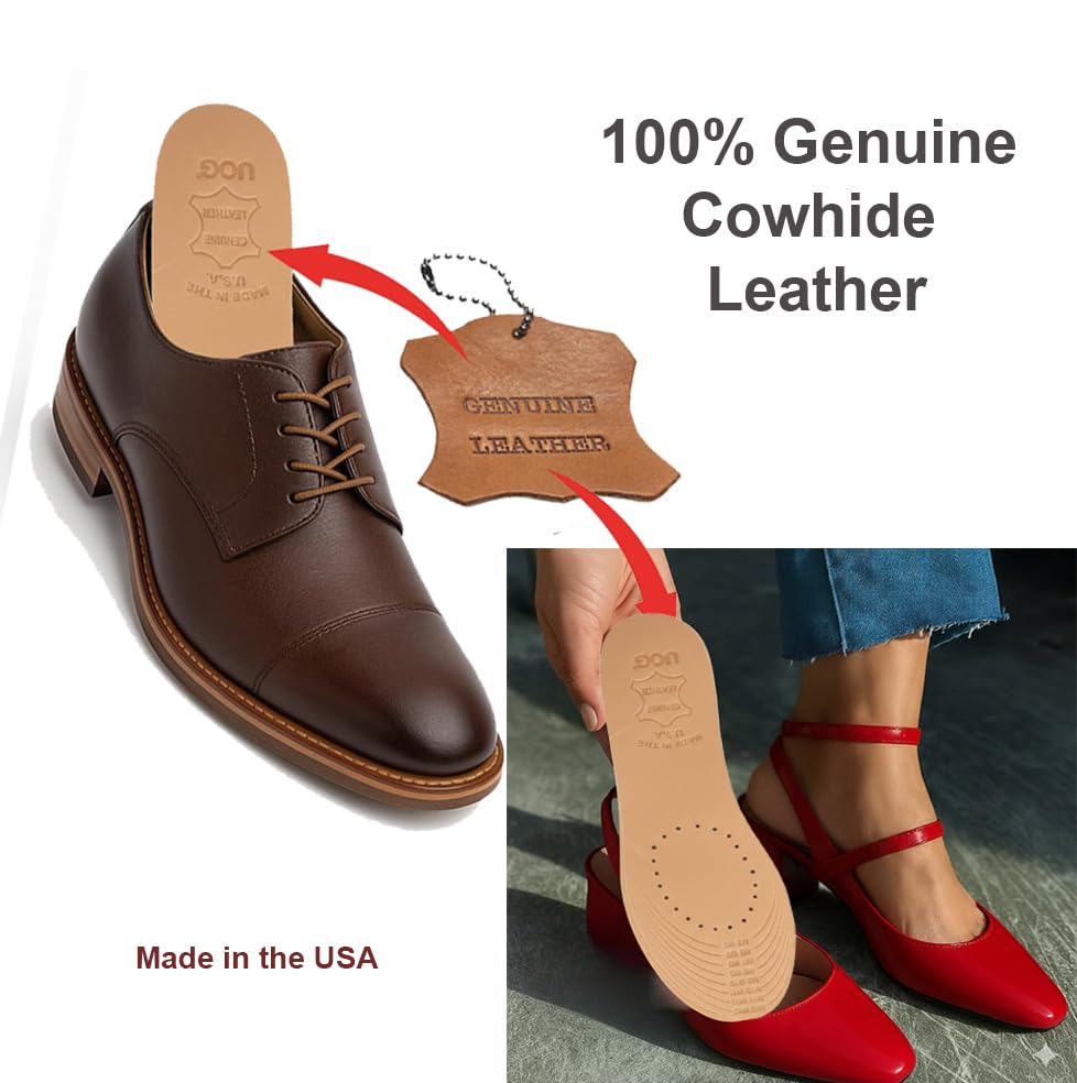 UOG cowhide insoles cut-to-fit guide close-up for dress shoes sizing.