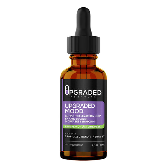 Upgraded Formulas Mood bottle close-up showing daily mood support for calm focus
