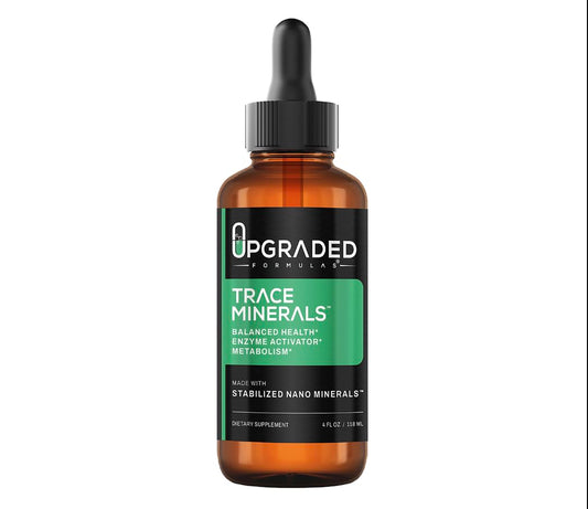 Upgraded Formulas Trace Minerals bottle highlights stabilized nano minerals for high absorption.