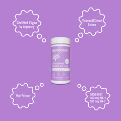 UpNourish bottle label highlights vegan, non-GMO and gluten-free features