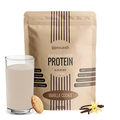UpNourish Vanilla Cookie protein powder bottle with 54 superfoods for daily nutrition.