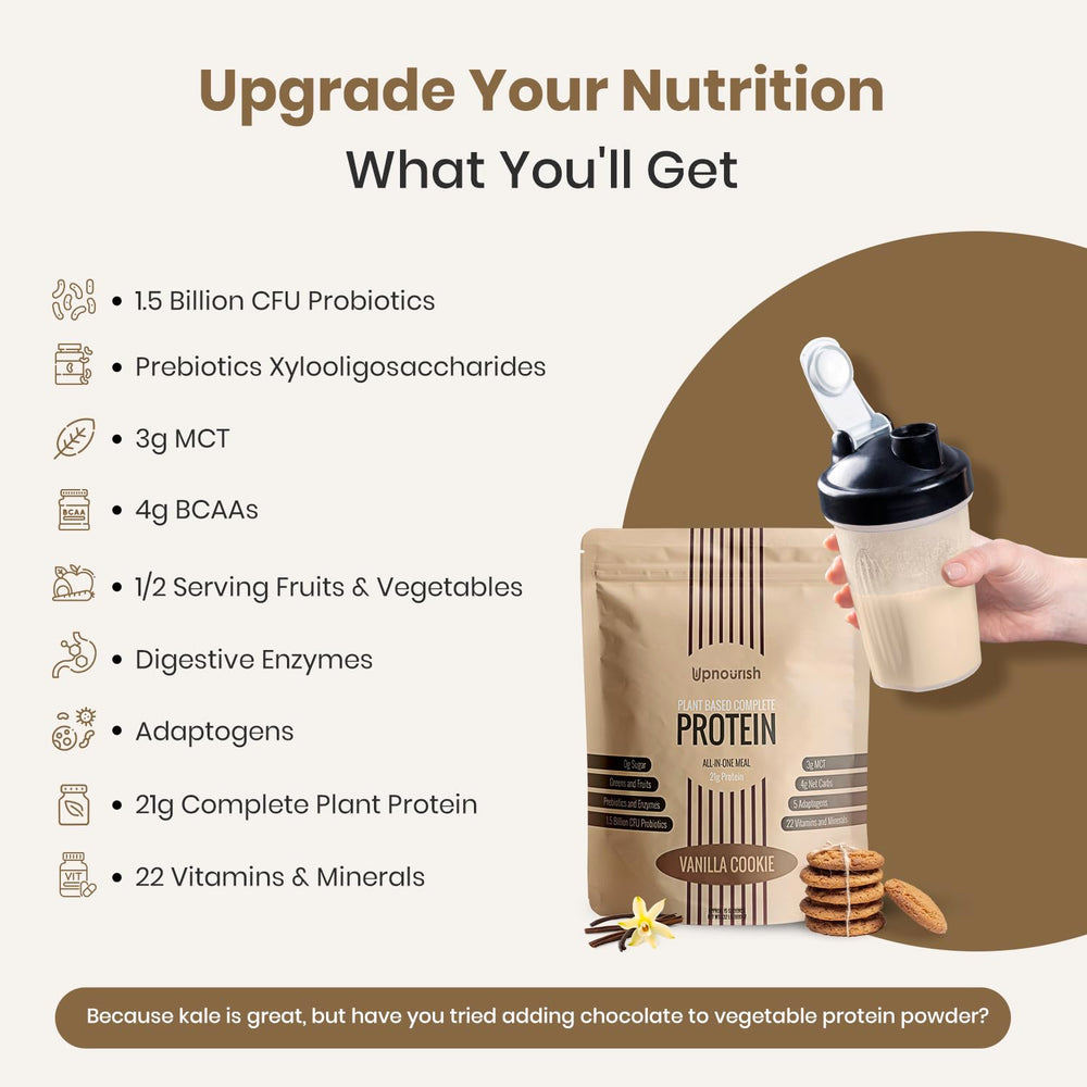 UpNourish vanilla cookie shake ready in glass for a quick meal.