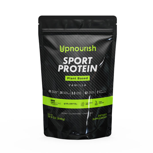 UpNourish Vanilla Vegan Sport Protein Tub showcasing plant-based protein for workouts