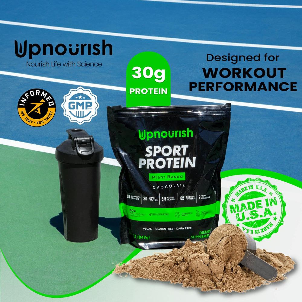 UpNourish vegan protein shake glass shows creamy chocolate flavor