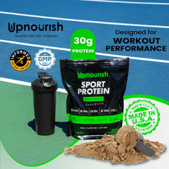 UpNourish vegan protein shake glass shows creamy chocolate flavor