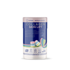 Upsa Nourished Collagen Skin Lift bottle shows a sugar-free, vegetarian supplement for radiant skin.