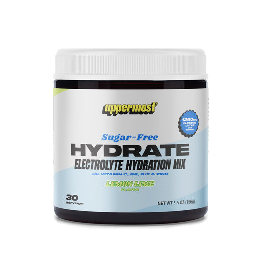 UPPERMOST Hydrate lemon lime powder and scoop for zero sugar hydration.