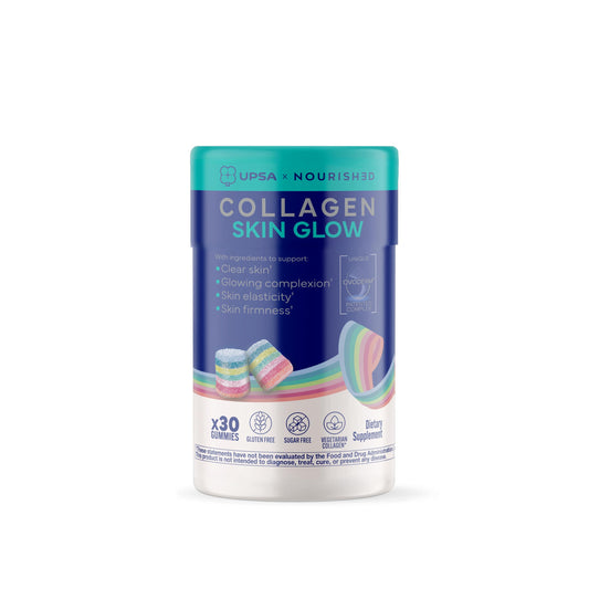 Upsa Nourished Collagen Skin Glow bottle shown for daily skin support and glow.