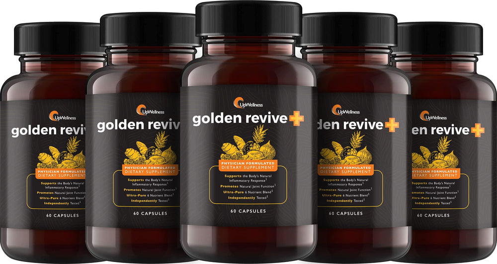 UpWellness Golden Revive bottle close-up showing daily joint support capsules