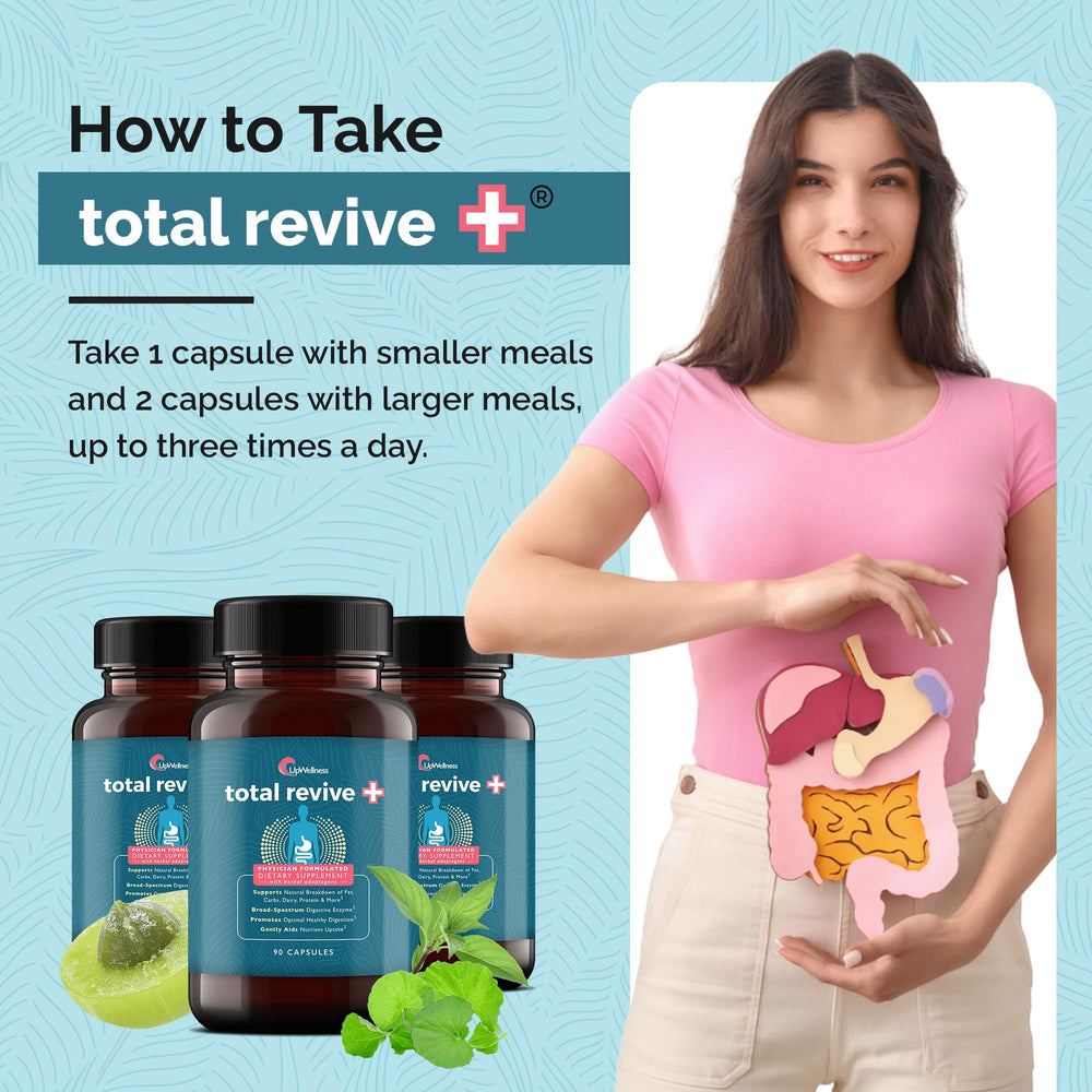 UpWellness Total Revive+ adaptogenic superfoods component enhances gut comfort.