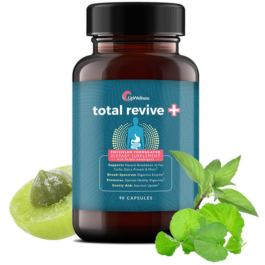UpWellness Total Revive+ Digestive Enzymes bottle with capsules supports nutrient absorption.