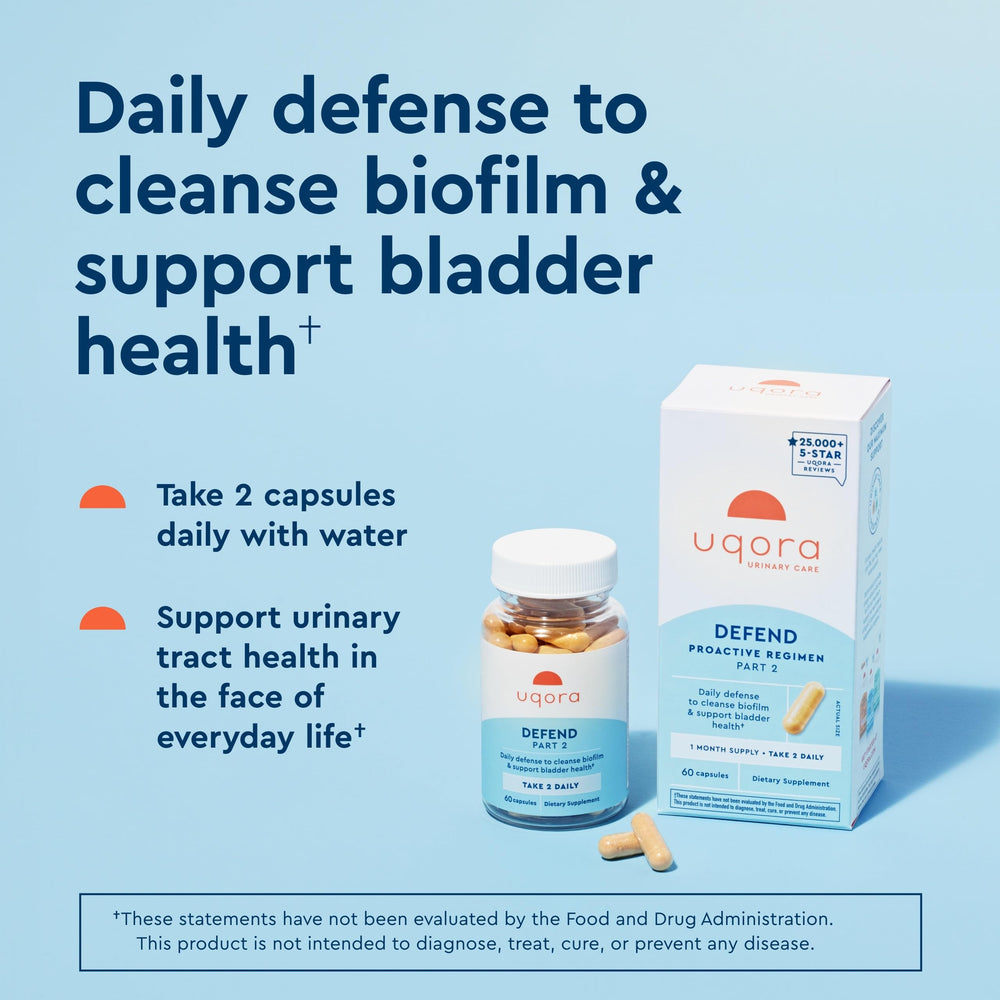 Uqora Defend 2-pack packaging shown for ongoing urinary health routine.