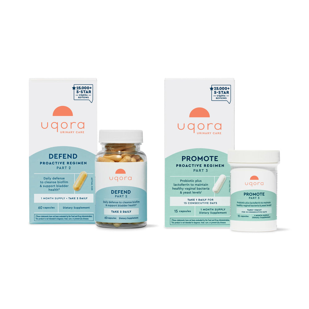 Uqora Defend bottle with capsules for daily bladder support and biofilm cleansing.