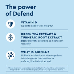 Close-up of Defend ingredients labels highlighting D-mannose and turmeric.