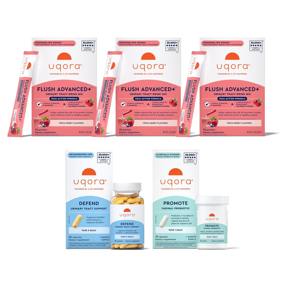 Uqora Flush Advanced+ drink mix canister with cranberry and D‑mannose for urinary support.