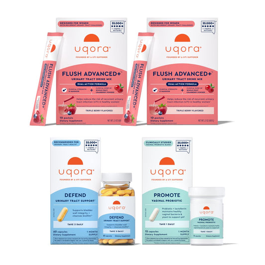 Uqora Flush Advanced+ drink mix ready to blend into a daily urinary health routine
