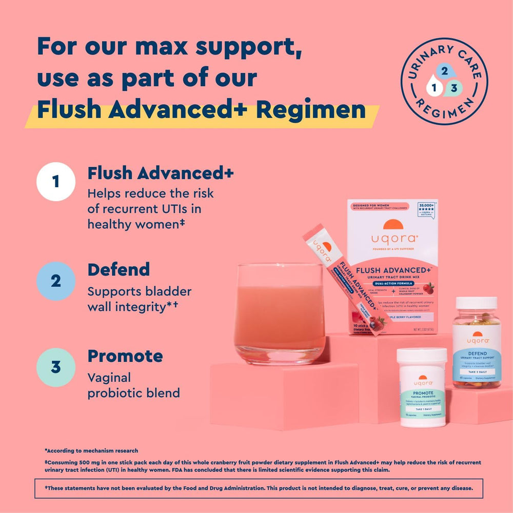 Uqora Flush Advanced+ glass of water with powder mix for daily use